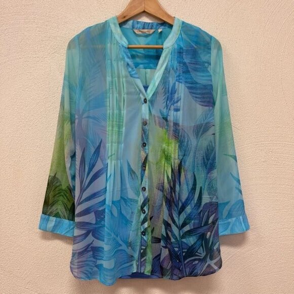 Soft Surroundings Womens Ione Tropical Chiffon Tunic Blouse Top Blue Size PS - Picture 1 of 10